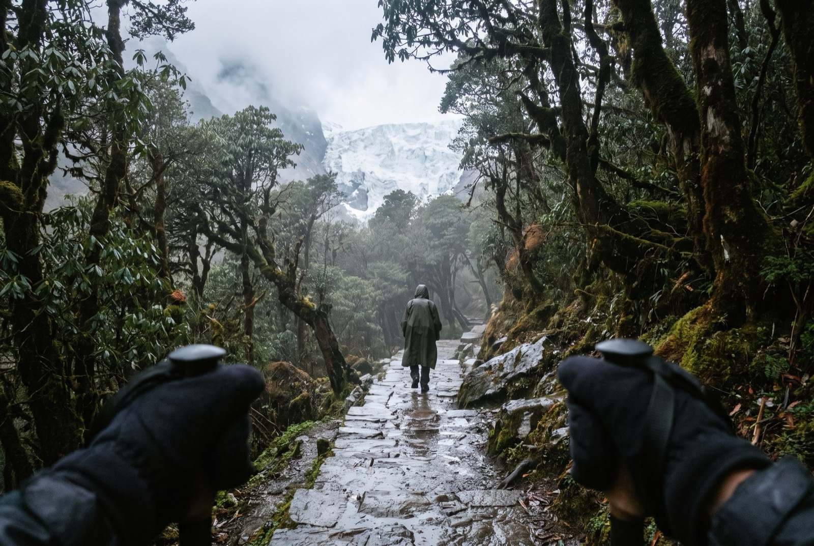 Two trekking pole grips held in gloved hands at the bottom of the frame, a wet stone trail climbing through dripping forest ahead.