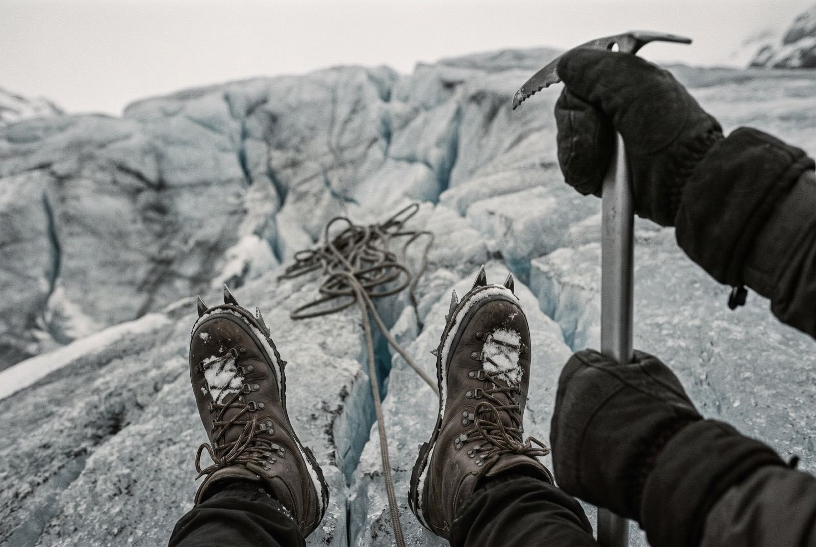 Looking straight down between crampon points bitten into grey-blue glacier ice, a coiled rope and crevasses beyond.