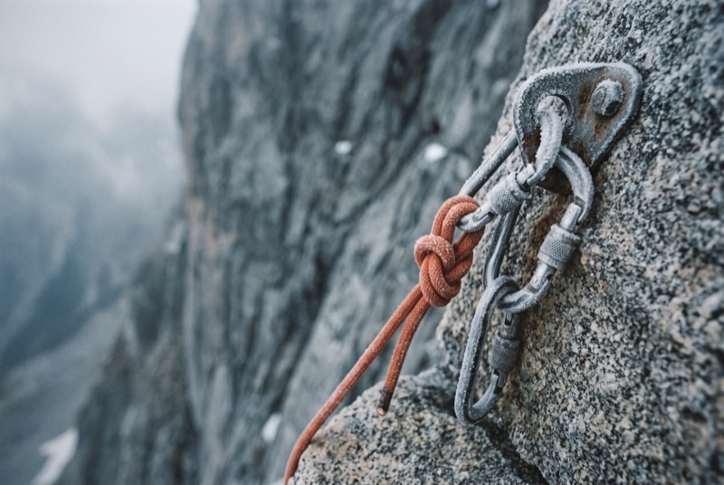 A frozen figure-eight knot and rime-covered carabiners on a rock anchor above a Himalayan drop.