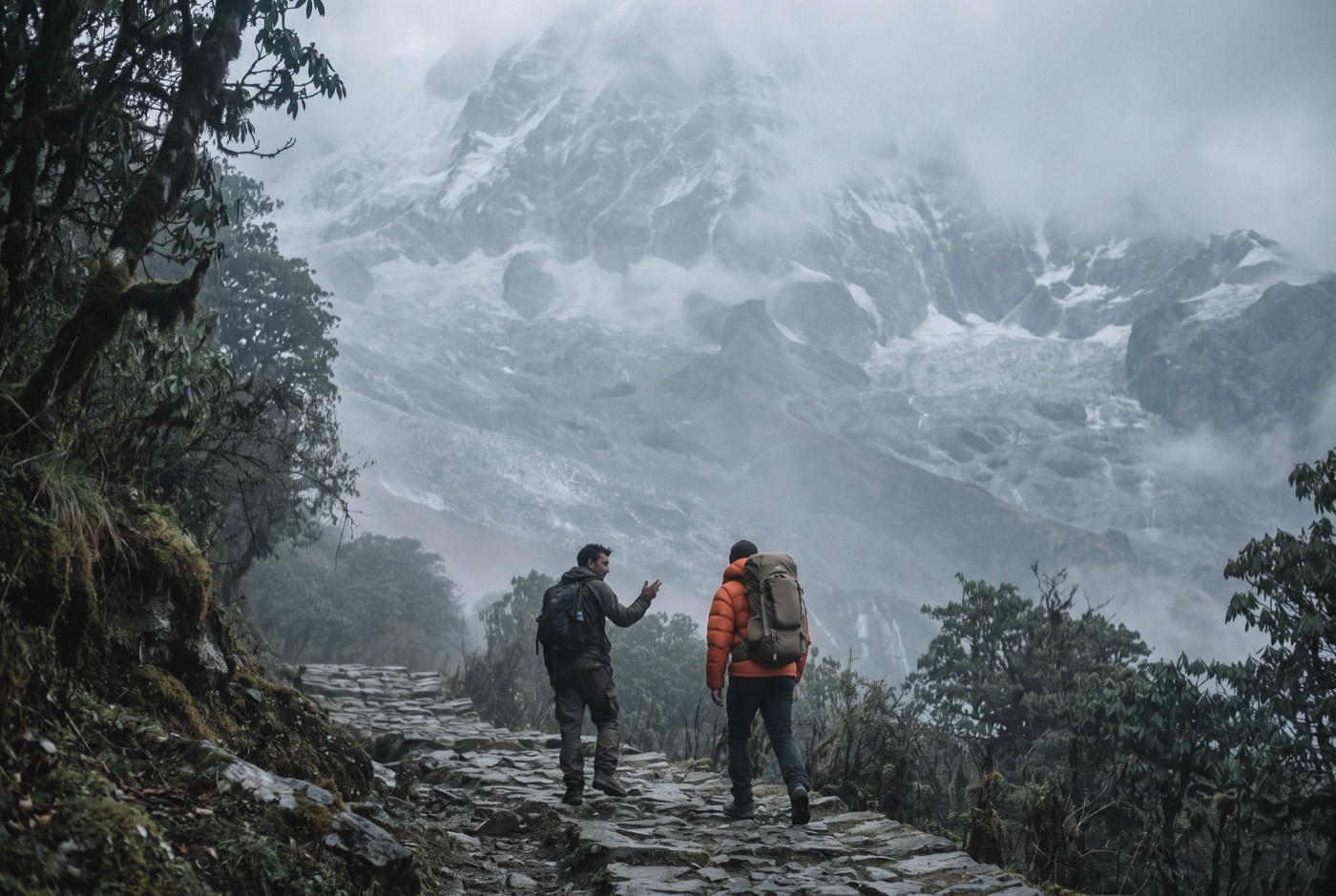 Two trekkers, small on a stone-stepped trail through misted rhododendron forest, dwarfed by the Annapurna wall above them; the guide has turned back mid-sentence to point out the line.