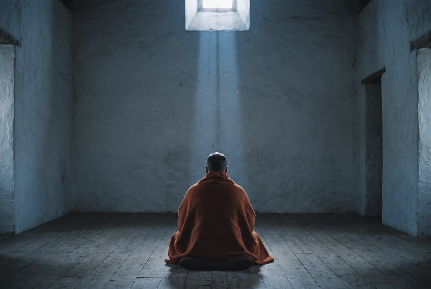 A lone figure wrapped in an orange shawl sits cross-legged on the floor of a bare whitewashed hall before dawn, lit by a single shaft of cold light falling from a high window.